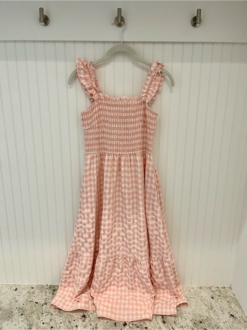 Smocked Gingham Midi Dress in Blush Pink
